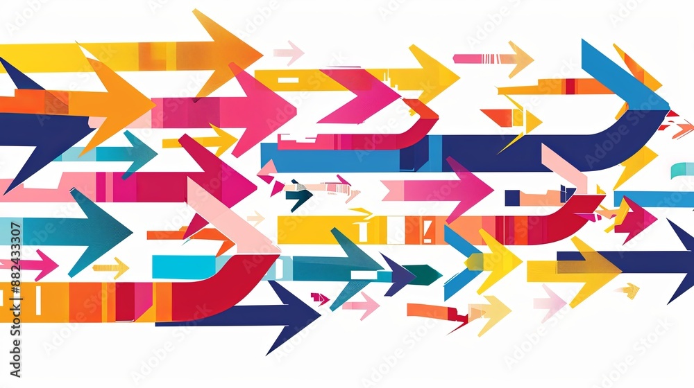 Poster vibrant abstract colorful arrows overlapping in dynamic, swirling motion