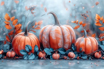 Flat illustration of pumpkins and leaves in autumnal colors.