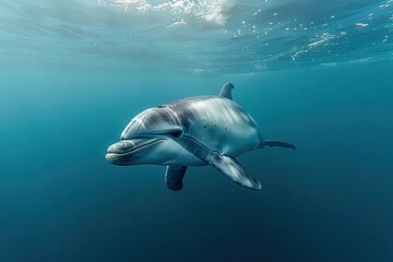 Naklejka premium A Vaquita dolphin swimming gracefully in clear blue waters, its small, rounded body and distinctive dark patches around its eyes visible. 