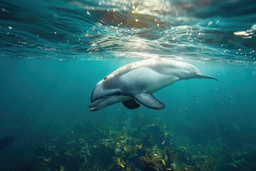 A Vaquita dolphin swimming gracefully in clear blue waters, its small, rounded body and distinctive dark patches around its eyes visible. 