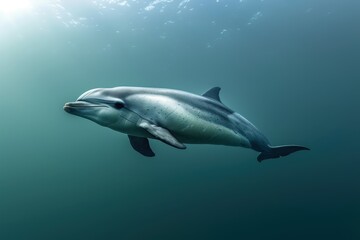 Fototapeta premium A Vaquita dolphin swimming gracefully in clear blue waters, its small, rounded body and distinctive dark patches around its eyes visible. 