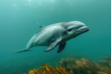 Fototapeta premium A Vaquita dolphin swimming gracefully in clear blue waters, its small, rounded body and distinctive dark patches around its eyes visible. 