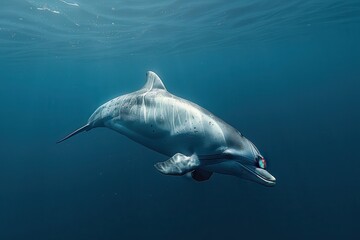 Naklejka premium A Vaquita dolphin swimming gracefully in clear blue waters, its small, rounded body and distinctive dark patches around its eyes visible. 