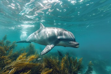 A Vaquita dolphin swimming gracefully in clear blue waters, its small, rounded body and distinctive dark patches around its eyes visible. 