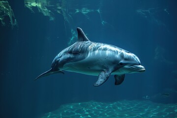 Fototapeta premium A Vaquita dolphin swimming gracefully in clear blue waters, its small, rounded body and distinctive dark patches around its eyes visible. 