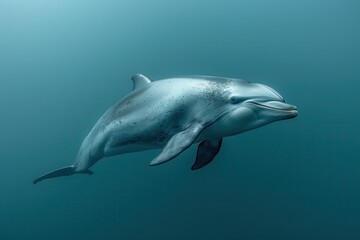 Naklejka premium A Vaquita dolphin swimming gracefully in clear blue waters, its small, rounded body and distinctive dark patches around its eyes visible. 