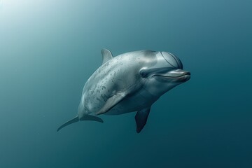 Fototapeta premium A Vaquita dolphin swimming gracefully in clear blue waters, its small, rounded body and distinctive dark patches around its eyes visible. 