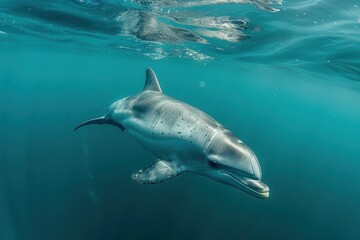 Fototapeta premium A Vaquita dolphin swimming gracefully in clear blue waters, its small, rounded body and distinctive dark patches around its eyes visible. 