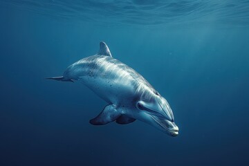 Fototapeta premium A Vaquita dolphin swimming gracefully in clear blue waters, its small, rounded body and distinctive dark patches around its eyes visible. 
