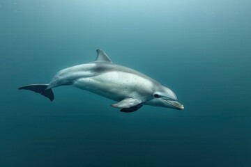 A Vaquita dolphin swimming gracefully in clear blue waters, its small, rounded body and distinctive dark patches around its eyes visible. 