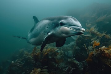 Fototapeta premium A Vaquita dolphin swimming gracefully in clear blue waters, its small, rounded body and distinctive dark patches around its eyes visible. 
