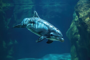 Fototapeta premium A Vaquita dolphin swimming gracefully in clear blue waters, its small, rounded body and distinctive dark patches around its eyes visible. 