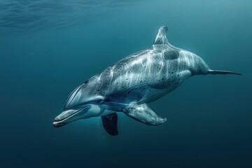 Fototapeta premium A Vaquita dolphin swimming gracefully in clear blue waters, its small, rounded body and distinctive dark patches around its eyes visible. 