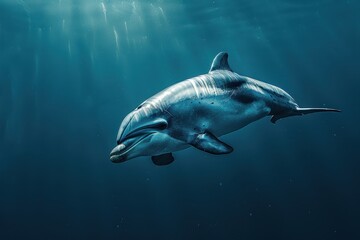 Fototapeta premium A Vaquita dolphin swimming gracefully in clear blue waters, its small, rounded body and distinctive dark patches around its eyes visible. 