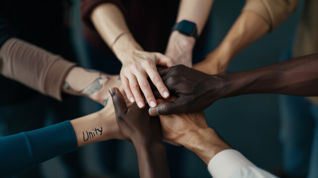 Diverse hands coming together in a circle unity diversity  community