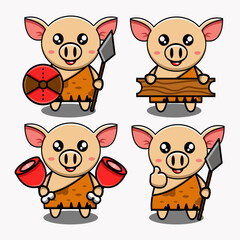 cute vector design illustration mascot bundle of primitive pigs with the theme of ancient life