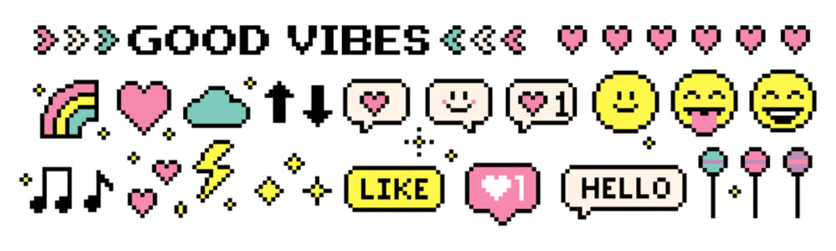 Retro style elements set in pixel art. Rainbow, smile, arrow, heart. Y2k trendy playful pixels stickers. Mood of 90's aesthetics. Vector illustration. Funny colored. Simple geometric form. Icon pack
