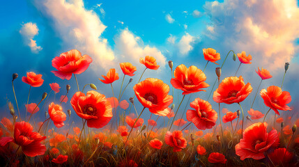 Obraz premium red poppy flowers in romantic nature landscape with sky
