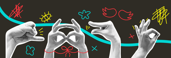 Set of hand gestures in halftone style. Sign, symbol. Elements, figures. Scribble. Vector illustration. Trendy style. Collage torn paper. Retro y2k. Hands. Doodle, hand drawn. Funky punk. Graffiti