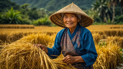 Smiling elderly Vietnamese woman in a rice field countryside