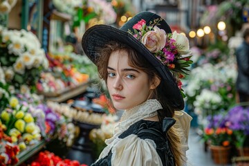Young woman in a vintage outfit and floral hat standing in a vibrant flower market, AI-generated.