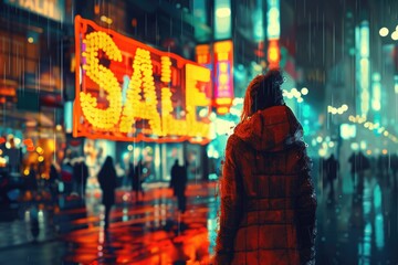 Fototapeta premium A lone figure walks through the rain in a city lit by neon signs and advertisements, a large SALE sign dominating the scene