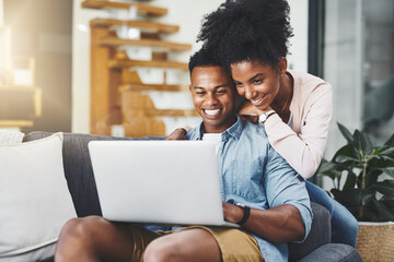 Black couple, hug and smile with laptop in home for remote work, subscription and scrolling social...