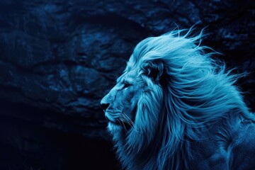 A majestic white lion stands against a dark backdrop, its mane flowing in the wind