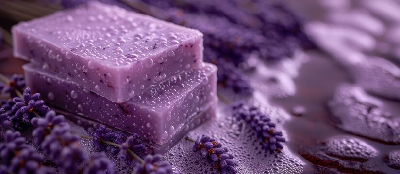 Handmade lavender soap bars with foam close up, minimalist background, natural skincare products