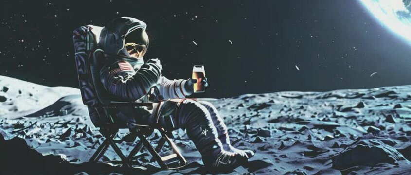 Astronaut relaxing with drink on Moon, moons in backdrop, showcasing space exploration and leisure