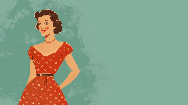 Vintage style illustration of a smiling woman in a dress
