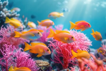 Obraz premium A vibrant coral reef teeming with colorful fish and marine life, showcasing the beauty of underwater ecosystems. 