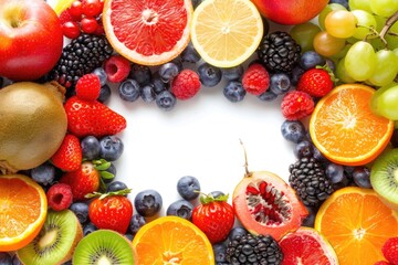A vibrant assortment of fresh fruits, including kiwi, strawberries, blueberries, grapes, and citrus fruits, arranged in a circular pattern on a white background