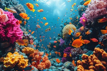 Fototapeta premium A vibrant coral reef teeming with colorful fish and marine life, showcasing the beauty of underwater ecosystems. 
