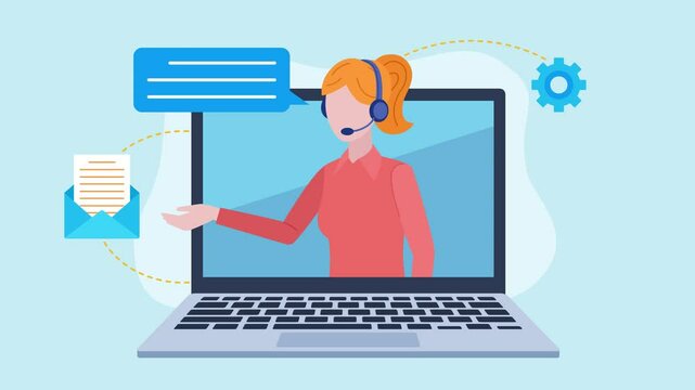 Animation of a laptop with a customer advisor appearing on the screen. a speech bubble animates next to the character and icons of email, gears and a document with a chart and data appear.