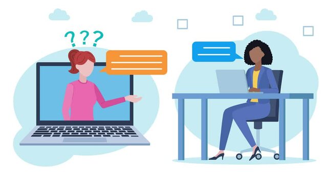 Video of client and customer support. The client appears on the laptop screen with a speech bubble and question marks. Next to her, the employee at the desk with answers. Five stars of satisfaction.