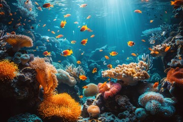 Obraz premium A vibrant coral reef teeming with colorful fish and marine life, showcasing the beauty of underwater ecosystems. 