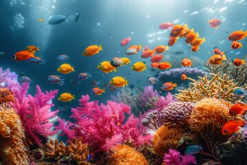 Obraz premium A vibrant coral reef teeming with colorful fish and marine life, showcasing the beauty of underwater ecosystems. 