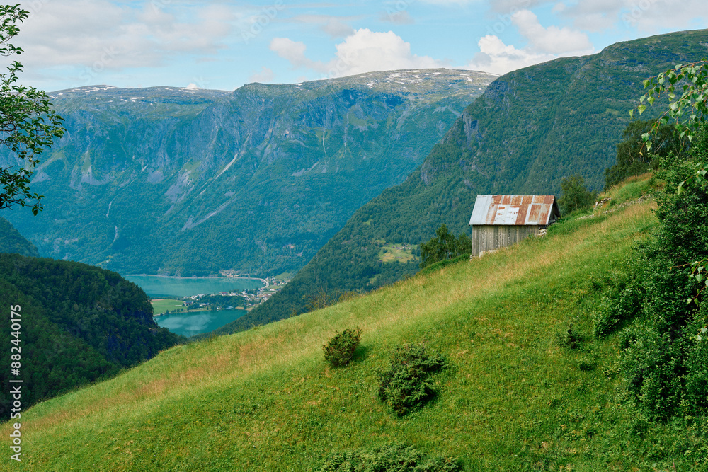 Sticker Pasture at the Fuglesteg mountain shelf farm by Skjolden, Western Norway.