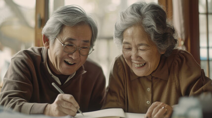 elderly Asian couple, sitting together at a table, write in notebooks, sharing a joyful moment of companionship and intellectual engagement in their home