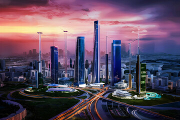 A futuristic cityscape exhibiting sustainability and cutting-edge alternative power sources.