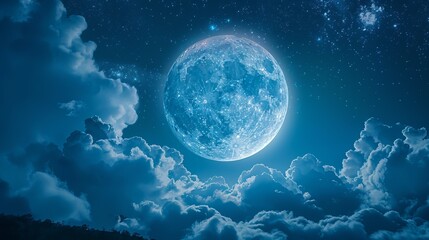 Obraz premium Night sky featuring a blue full moon amidst the clouds.