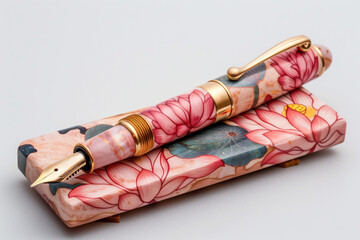 Elegant floral fountain pen and case with lotus design floral writing concept