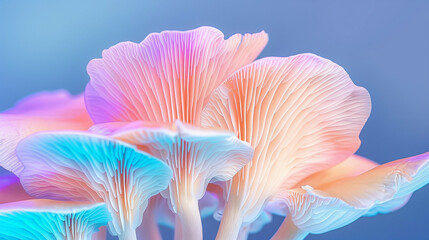 Whimsical Bright Colored Mushrooms in an Ethereal Background. Vibrant Mushroom Photography