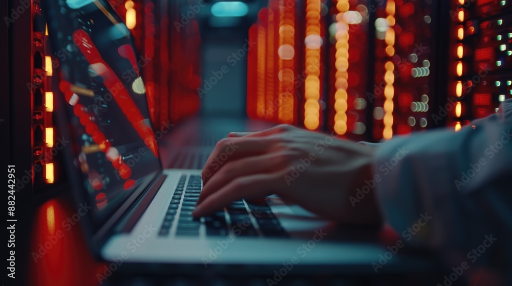 Poster a person working on a laptop in a server room environment