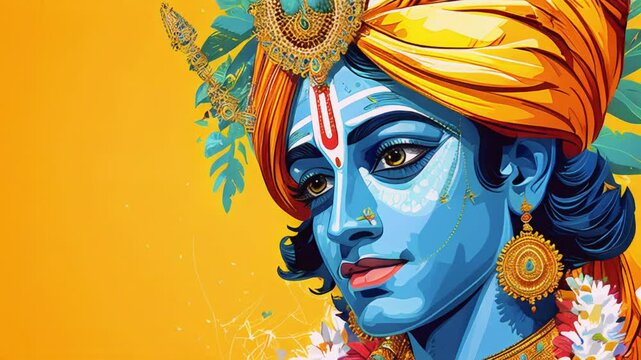 Hare Krishnas. Hindu male god or saint with blue skin, gold jewelry, colorful clothes and framed with colorful flowers