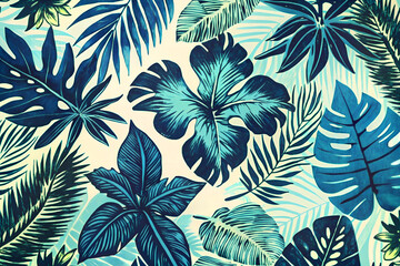 Fototapeta premium Bright background with tropical plants, flowers, tropical flora. Floral plant background