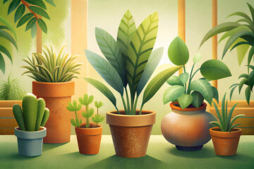 Obraz premium Illustration of a still life of various indoor plants in pots in natural daylight near the window...