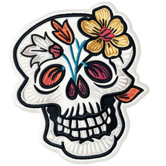 Embroidered skull with flowers patch badge isolated on transparent background png
