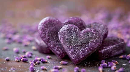 Fototapeta premium lavender hearts soap on blurred background, minimalist style, empty space on the left